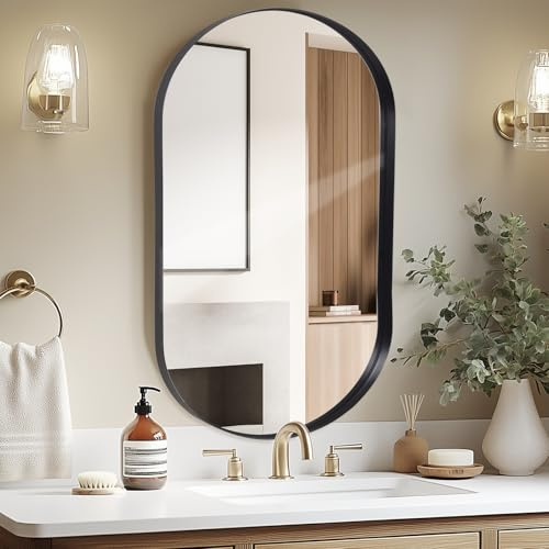 LunaMirror Wandspiegel 55 x 75 cm Oval Schwarz - Modernes Design für Badezimmer, Schlafzimmer, Eingangsbereich, Wohnzimmer, Flur - Dekorativer Badspiegel