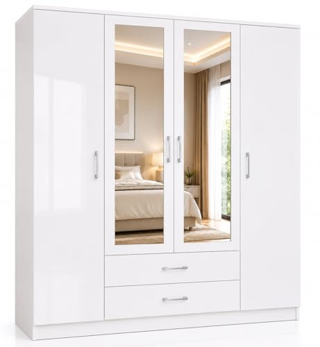 URBAN FURNISHING 4 Door Wardrobe with Mirror and Drawers | High Gloss MDF Mirrored Wardrobe for Bedroom | Double Wardrobe with 2 Drawer & 10 Shelves | White 160cm