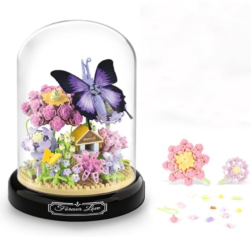QLT Purple Butterfly Mini Building Blocks Set, Flower and Insect Building Blocks with Dust Cover and Base, Gift for Mother's Day, Anniversary, Birthday (582 PCS)