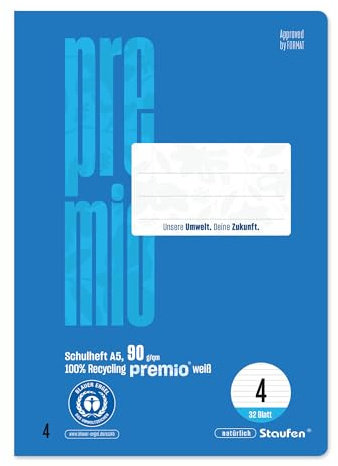 Staufen premio skolhäfte – 5 häften vardera, 32 ark, DIN A5, linjerat 4 (10 mm linjerat), 90 g/m² återvunnet papper