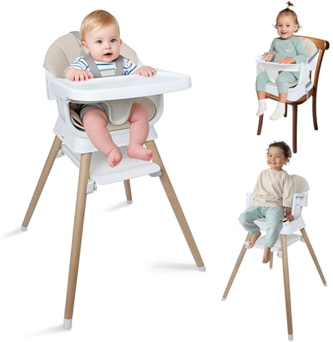 9 in 1 Convertible Baby High Chair with Booster, Wooden Highchair for Babies and Toddlers with Removable Tray & 5-Point Harness, Multi-Functional Growing Seat for Feeding, Learning & Play, Beige