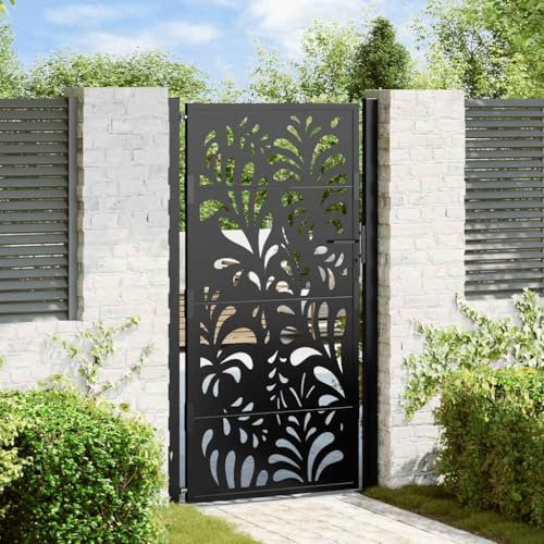 Homgoday Garden Gate, Steel Wave Design Black 105x180 cm, Heavy Duty Metal Frame, Full Privacy Safety Outdoor for Garden Fence