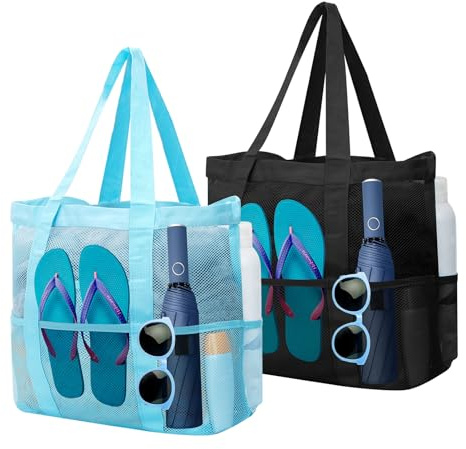 LFBEST Mesh Beach Bags for Women- 2pcs Lightweight Large Pool Beach Tote Bag- Foldable Waterproof Family Shopping Shoulder Travel Bag for Beach School Swimming and Daily (Blue+Black)
