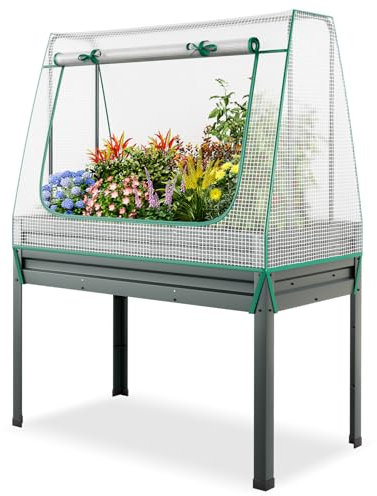RELAX4LFE Fioriera Rialzata con Serra da Giardino, Orto Rialzato in Legno, Finestra Arrotolabile, Fori di Drenaggio, Aiuola Rialzata per Verdure Frutta Erbe Piante, 115 x 60 x 150 cm, Grigio