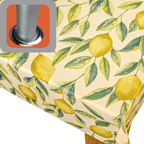Karina Home Outdoor Garden Tablecloth with Parasol Umbrella Hole Rectangle Lemons and Leaves Garden Wipe Clean (140 x 200cm)