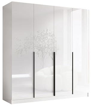 Mirjan24 Kleiderschrank mit Einlegeböden und Kleiderstange Salkor I, Vielseitiger Drehtürenschrank, Elegantes Kleiderschrank 4-türig (Weiß/Weiß Hochglanz + Gold)