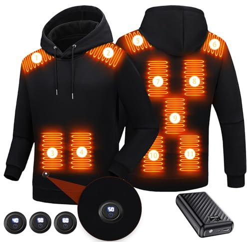 Sweat à Capuche chauffante avec batterie 27000mAh 7.4V 11 Zones Chauffage affichage LED,Électrique Manteau Chauffant Homme Femme (FR/ES, Alpha/lettres, L, Taille normale, Taille normale, Noir)
