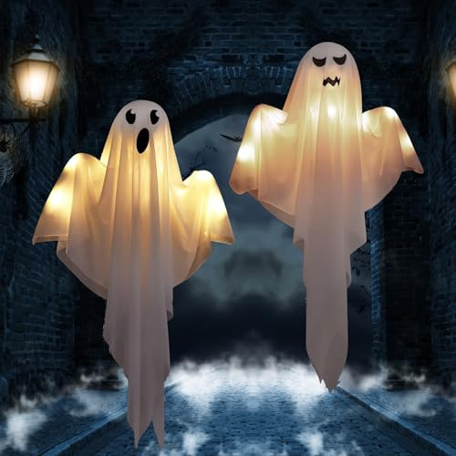 Efymosce Lot de 2 manches à air fantômes - Décoration d'Halloween effrayante à suspendre avec lumière LED - Décoration à suspendre pour extérieur, jardin, terrasse, pelouse, jardin, décoration de fête
