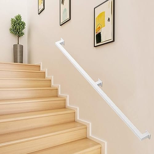 Moderna ringhiera per scale da 3,7 m – corrimano per interni ed esterni, in ferro battuto, bianco, tubo quadrato di sicurezza per gradini, supporto in metallo per casa e giardino