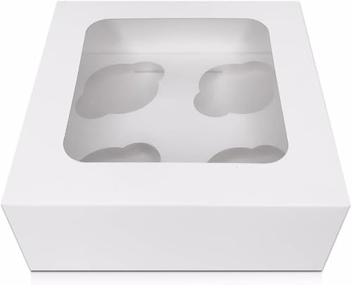 FALGUN 10 x Premium White 4 Hole Cavity Cupcake Boxes with Window and Inserts (4 Holes)