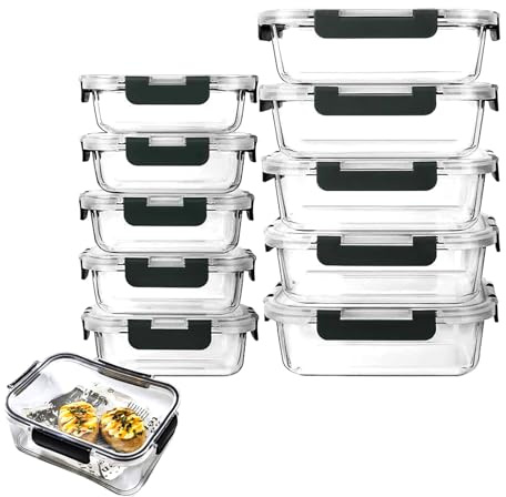 CHUNGG Glass Prep Food Containers Reusable with Lids 10, Meal Prep Containers Suitable for Microwave Ovens, Ovens, Refrigerators and Dishwashers, 1040ML&370ML Black