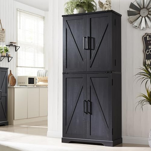 AetherWood Küchenschrank, 183 cm hoher Vorratsschrank im Landhausstil, Aufbewahrungsschrank mit Scheunen-Schiebetüren, Schublade und verstellbaren Regalen – Schwarz