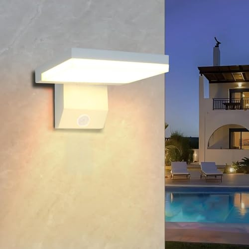 Fynokst 24W Lampada da Esterno con Sensore di Movimento, 2250LM 3000K Applique da Esterno, IP66 Impermeabile Moderno Applique da Parete per Interno, Veranda, Garage, 1 pezzo, Bianco