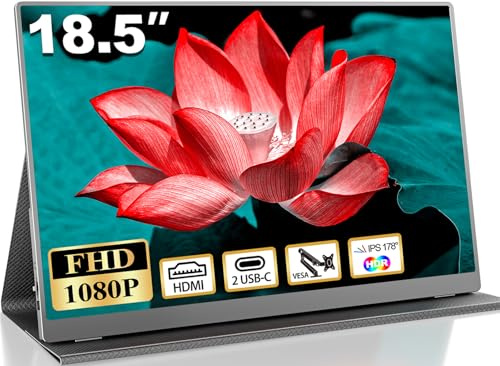18.5 Inch Portable Monitor for Laptop, FHD 1080P 100% sRGB Travel Monitors for Laptop, Portable Computer IPS Display w/VESA, External Monitor USB-C HDR HDMI Portable Screen w/Smart Cover & Speakers