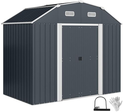 Outsunny Gerätehaus aus Stahl, 2,7 m² Dunkelgrau 238 x 132 x 198,5 cm | Gartenschuppen mit UV-Schutz, Regal, Geräteschuppen mit Schloss, 2 Schiebetüren, Fundament