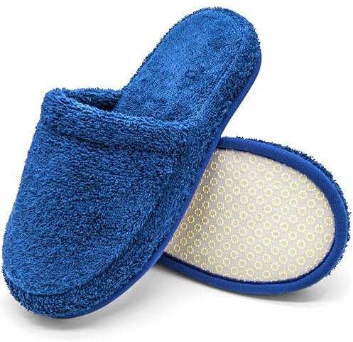 Zapatillas de baño de Rizo – Pantuflas de Invitados de algodón con Espuma viscoelástica, Antideslizantes, Lavables – para Hotel, SPA, Sauna – Azul Real, 43-46, RO-2