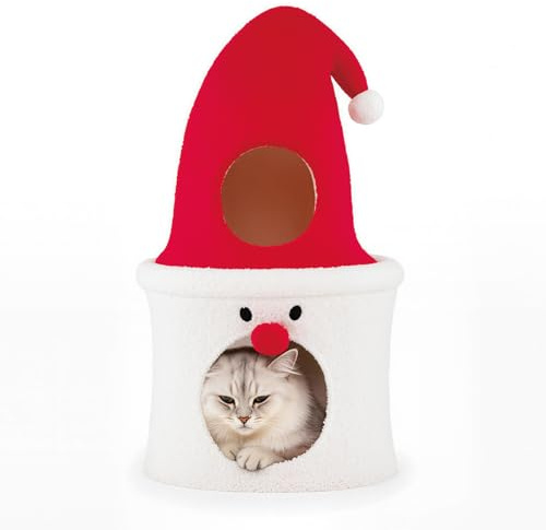 COSTWAY Árbol de Navidad para Gatos, 75 CM Torre para Gatos en Forma de Papa Noel con Percha Superior Acolchada, Condominio, Suave Cojín de Felpa, Casa Gato de Interior para Decoración Navideña