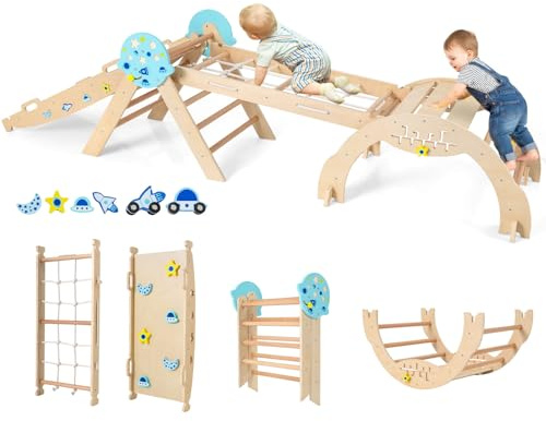 DREAMADE 9-in-1 Montessori Kletterdreieck Set mit Rutsche, Kletterbogen aus Holz mit Netz für Kleinkinder ab 1 Jahre, Kletterspielzeug, Indoor Klettergerüst für Kinderzimmer (Natur,Astronaut-4er Set)