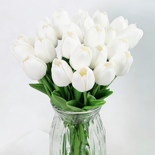 15 Stück Künstliche Tulpen,Fake Blumen,Faux Weiß Tulpen , Echte Berührungsblumen für Dekor ,Elegante Blumendekoration für Brautsträuße ，Hochzeit ，Muttertag ，Heimdekoration，DIY Blumenarrangements