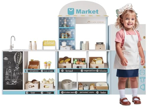 Kinder Spielgeschäft aus Holz, Großer Kaufmannsladen mit Kühlschrank & Kasse, Rollenspiel Spielzeug für Kinder ab 3 Jahren, Supermarkt mit Kreidetafel und Regalen, 155x30x107.5 cm (Blau)