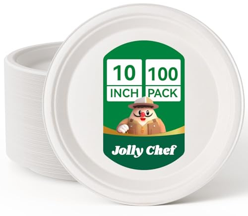 JOLLY CHEF Zuckerrohrteller Kompostierbare 10 Zoll, 100 Stück Weiße | Biologisch Abbaubare Bagasse-Platten aus Natürlichem Zuckerrohr, Robuste Einwegplatten Ideal Für Partys
