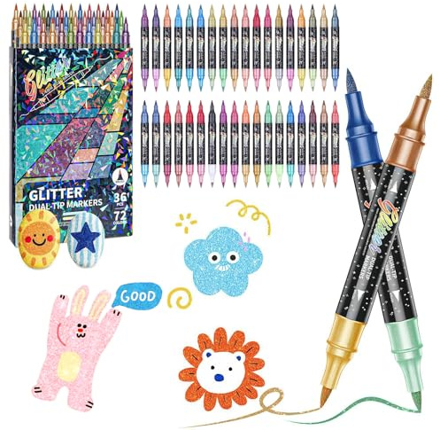 Glitzerstifte Set 72 Farben, Doppelspitzen Glitzer filzstifte 36er Pack | Metallische Glitzer Marker, Filzstifte Zeichenset, Glitter Pens für Malen DIY Scrapbooking Schreiben ErwachseneMalbücher