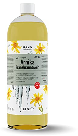 BANO Tiroler Arnika Franzbranntwein 1000ml, Ideal vor und nach Sport, sowie bei Muskelkater, zum Kühlen schwerer Beine, enthält 65% vol. Alkohol, Latschenkieferöl, Menthol und Arnikaextrakt