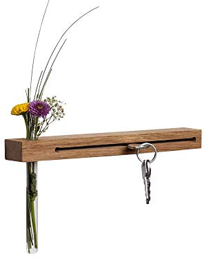 WOODS Schlüsselbrett mit Vase I Nut - Schlüsselhalter modern I Wanddekoration aus Holz handgefertigt in Bayern I Schlüsselleiste Holz mit Reagenzglas (Eiche, 30 cm)