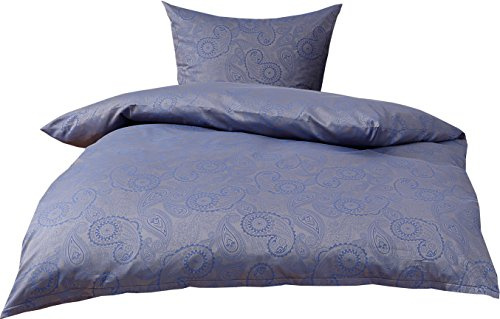 Bettwaesche-mit-Stil Mako Satin Damast Paisley Bettwäsche Garnitur Davos 135x200 + 80x80 blau - grau (Royalblau)