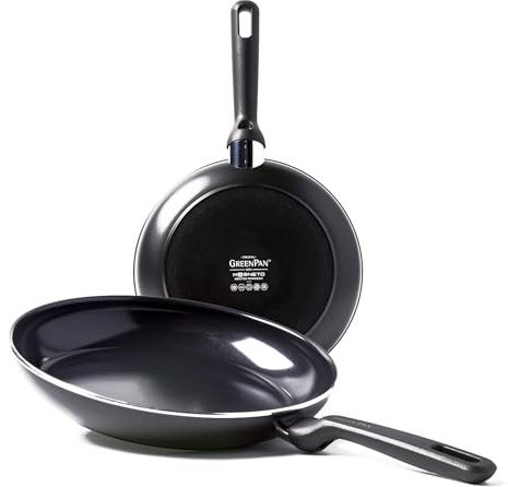 GreenPan Memphis, Set Padelle Antiaderenti in Alluminio con Rivestimento in Ceramica, Adatte a Tutti i Tipi di Fornelli, Induzione, Forno e Lavastoviglie, 24/28 cm, Nere