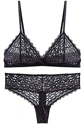 Awake Lingerie Selected Bralette Set – Sexy Damen BH Spitze ohne Wattierung und Bügel und Slip Floral Lace Soft Cups (X-Large, Schwarz)