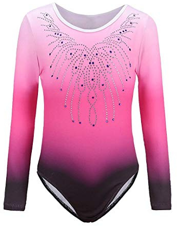 Sinoem Gymnastikdräkter för flickor, one piece, tonad färg, glittrande klänning för dans, balett, gymnastik, idrottande för liten flicka ((7–8 år), rosa, långärmad)