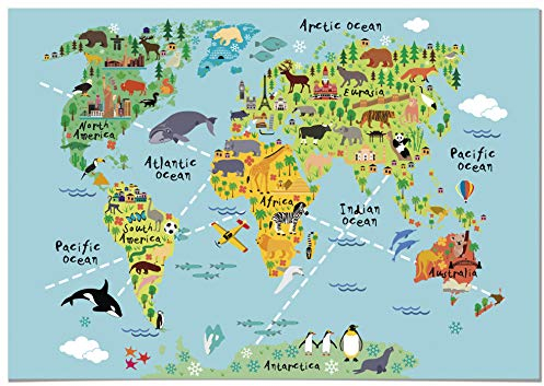 Panorama Lienzo Infantil para habitación Mapa Mundi Niños Animales 100x70cm - Bastidor Incluido - Cuadros Decorativos para Salón - Decoración Moderna