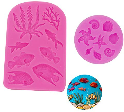 BLUGUL Pesce Stampi in Silicone, Alghe Stelle Marine Conchiglie Stampo, per Cioccolato Fondente Torta Gelatina Dolci Dessert, 2 pz