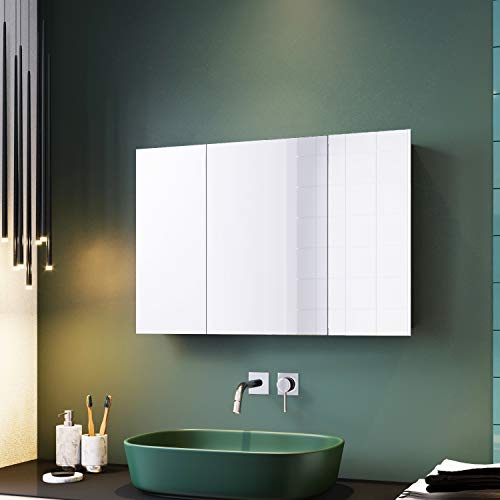 ELEGANT Bathroom Triple Door Mirror Cabinet, Stainless Steel, 600x900mm | Pre-Assembled Large Storage Cupboard, Waterproof Wall Mounted Mirror Cabinet with Adjustable Shelves for Bathroom Toiletries