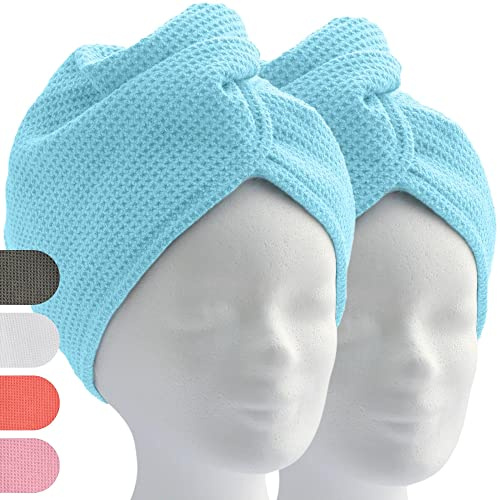 ELEXACARE Haarturban mit Knopf, Mikrofaser, 2er-Set, blau | Turbanhandtuch für lange Haare, Waffelstruktur, 28 x 65 cm, Haarhandtuch für Damen, Herren, Kinder