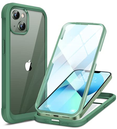 Miracase Compatible with iPhone 13 Case 6.1inch, [Built-in Glass Screen Protector] Full Body Rubber Bumper Clear Back Case Cover (Acacia Green)