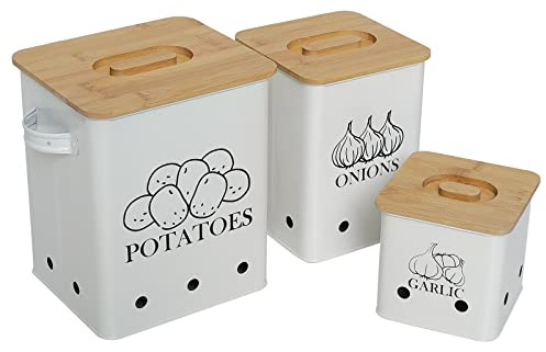 Gdfjiy Kitchen Canisters Set, Storage Bin for Potato Onion & Garlic, 3 Pack Set Countertop Pots Containers with Wooden Lid - Potato Storage, Garlic Bin, Onion Keeper Tin with Aerating Holes-White