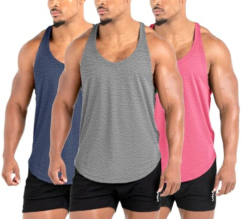 Lehmanlin Camisetas sin Mangas para Hombre,Camisetas de Tirantes Hombre Gym,Culturismo Stringer,Camisas de Secado Rápido(3 Pack Rosa Gris Azul L)