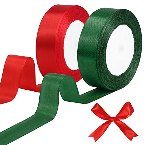 tenn well Green Red Satin Ribbon 25mm, 44 Meters Smooth Fabric Satin Ribbon for Gift Wrapping, Crafting, Hair Bows, Wedding Party and Christmas Decoration