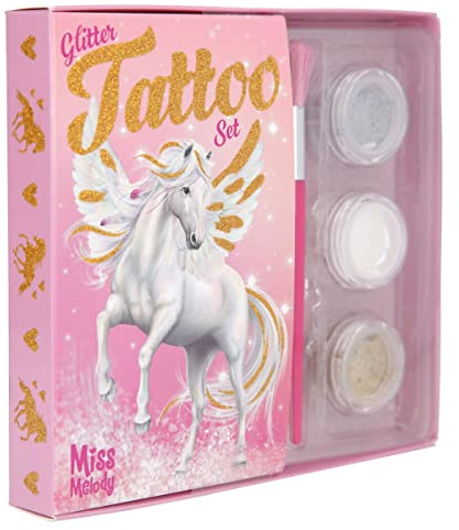 Depesche Miss Melody 12032 Set de Tatouages pour Enfants avec 38 Tatouages Adhésifs, 1 Pinceau et 3 Poudres de Paillettes Argenté, Blanc et Or