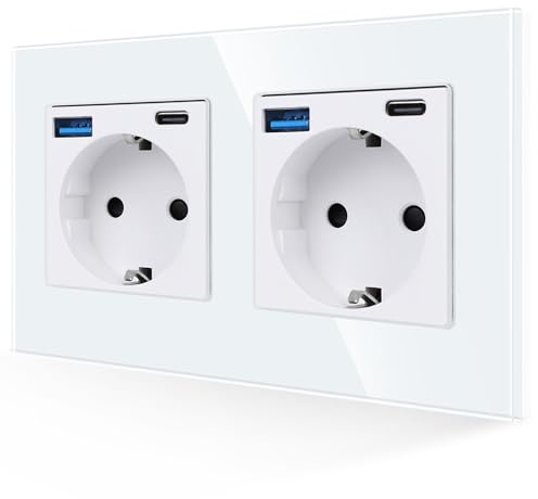 JIMEIDA Doppelsteckdose mit USB 20W Schnelles Laden in Weiß, 16Amp Glas Schuko Steckdosen mit USB Anschluss und Typ C Port max, Unterputz Schutzkontakt Wandsteckdose-157 * 86mm, 250V, 2 Fach