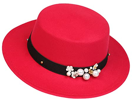 NiceYnn Klassischer Vintage-Wollhut mit breiter Krempe, flache Oberseite, Schweinekuchen, verstellbares Perlenband, Fedora, Kirche, Derby, Filzkappe für Hochzeit, Rot und Perlmutt, Einheitsgröße