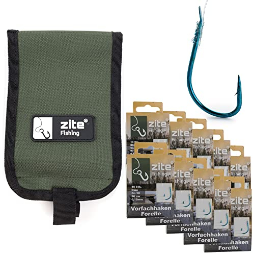 Zite Fishing Angel-Zubehör-Set | Haken- & Rigtasche 13x19 cm | Angel-Tasche für Vorfächer & Angelhaken | Forellenhaken Gr. 6 & 10 | je 50 Stück | gebundene Vorfach-Haken mit Schnur Blau