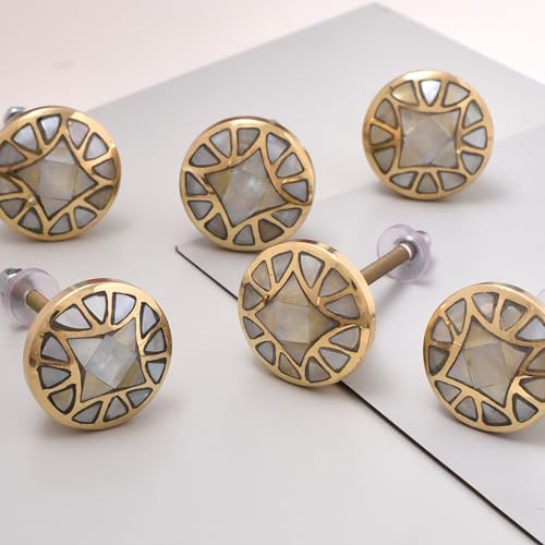 Indian Shelf 6-Piece Mother of Pearl Decorative Gold Drawer Knobs - Unique Brass Cabinet Pulls for Kitchen Cupboards, Dresser Upcycling & Vanity Makeovers