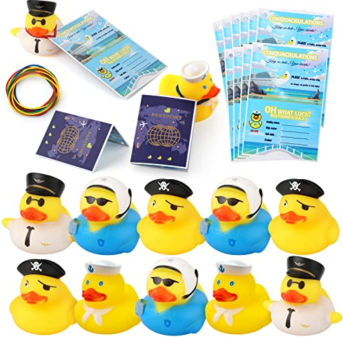 LUTER 12 Sets Duck Tag Cruise Kits, 12pcs Funny Rubber Ducks Cruise Ships (4 Styles) and 12pcs Tags with Elastic Rubber Bands, Yellow Rubber Ducks Cruises Students Party Ducking Games (E09CX006)