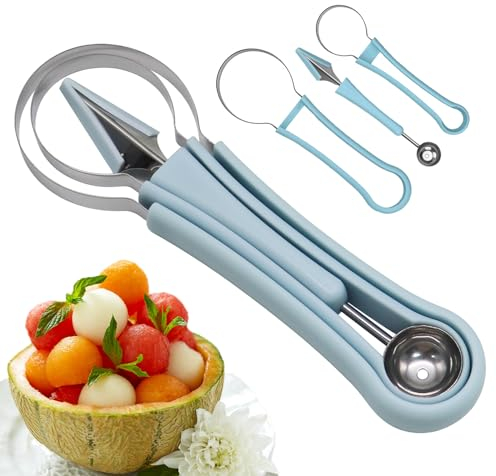 KASESSS Juego de Herramientas de Fruta 4 en 1, Cortador de Bolas de Sandía, Herramientas para Tallar Frutas, Acero Inoxidable Cuchara de Melón, Pelador de Frutas para DIY Ensaladas Frutas Sandía(Azul)