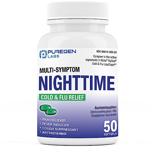 Puregen Labs Nighttime Cold and Flu Relief Medicine | 50 Softgel Liquid Capsules | Helps Relieve Sore Throat, Cough, Fever, Headaches, Runny Nose, Congestion and Aches | Value Pack