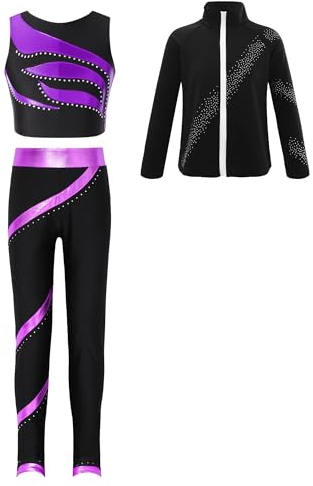 iiniim Kinder Mädchen Trainingsanzug Sportanzug 3tlg.Eiskunstlauf Anzug Glitzer Langarm Sweatjacke + Sport BH + Hose Sport Leggings Yoga Gym Eislaufen Tanzkleidung Lila 146-152
