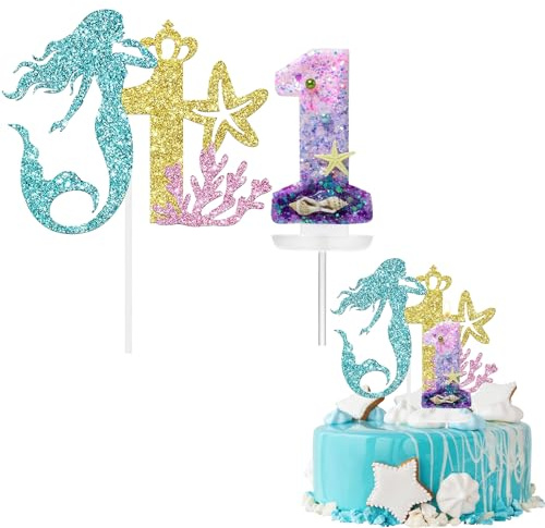 Mermaid Happy 1st Birthday Cake Topper&Mermaid Number 1 Birthday Candle,Mermaid Cupcake Topper Mermaid Candles 1st Birthday Cake Decorations for Baby Girls 1st Birthday Mermaid Theme Party Decorations